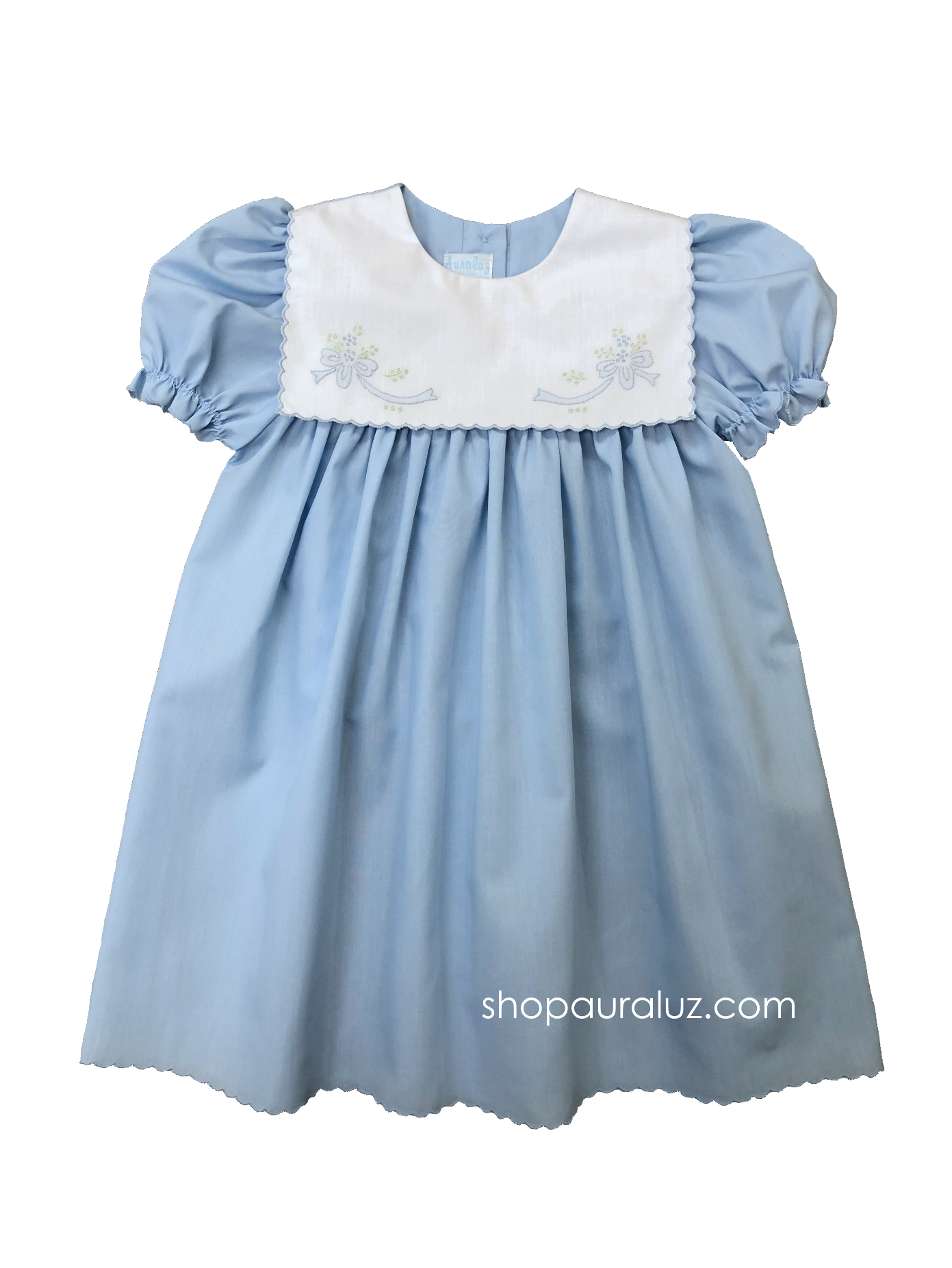 Auraluz Dress..Blue with white square collar and embroidered ribbon flowers