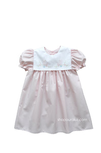 Auraluz Dress..Pink with scallop trim,square collar and embroidered birds