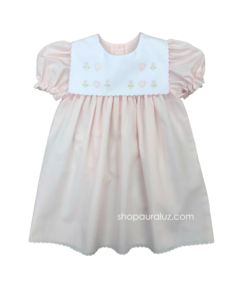 Auraluz Dress..Pink with scallop trim,square collar and embroidered hearts