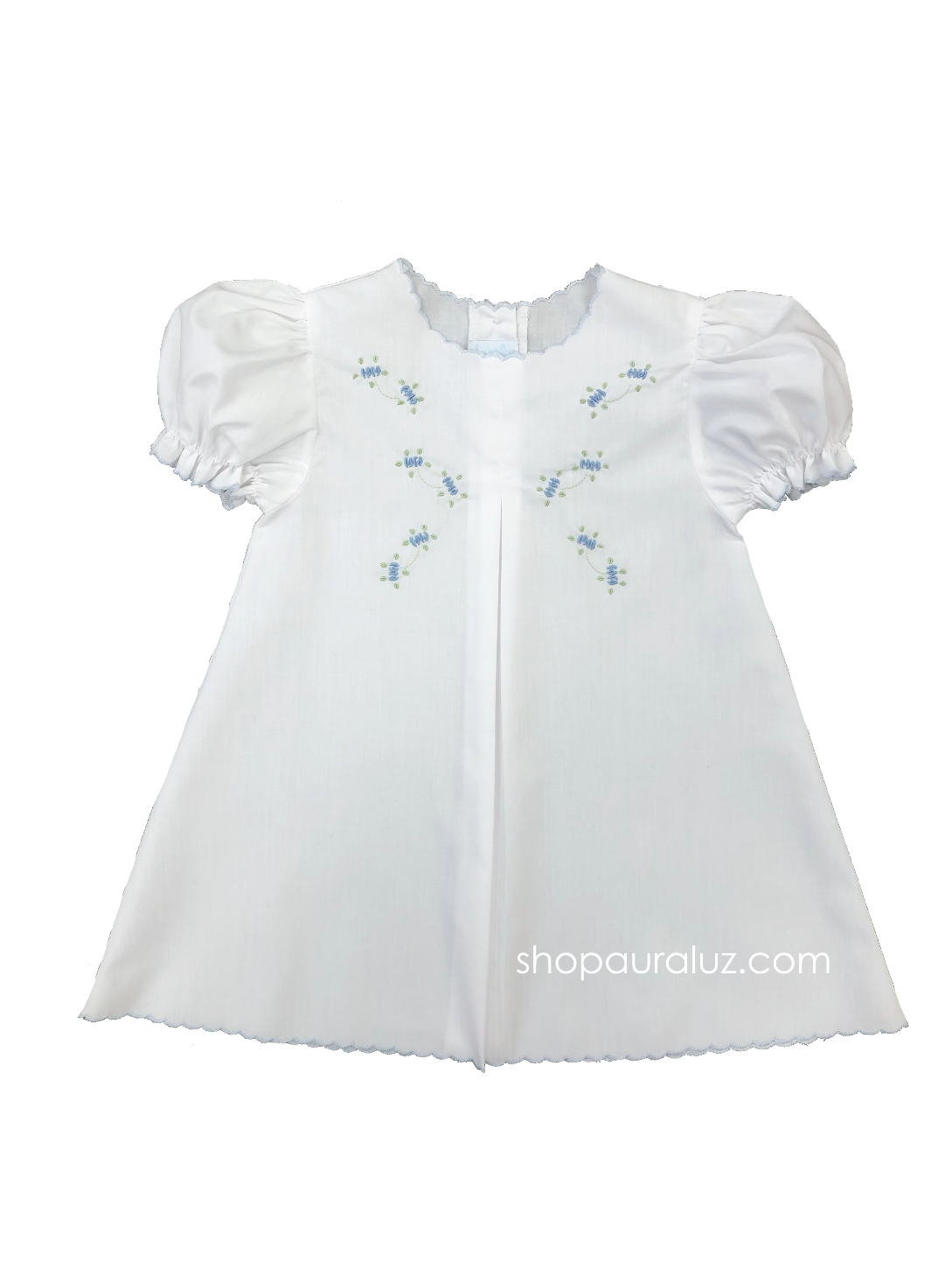 Auraluz Baby Dress...White with blue scallop trim and embroidered tiny buds