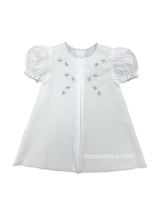 Auraluz Baby Dress...White with blue scallop trim and embroidered tiny buds