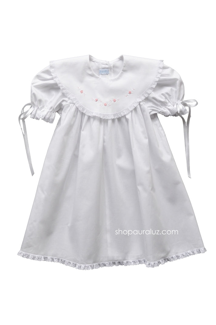 Auraluz Dress..White with lace,scalloped round collar and embroidered flowers