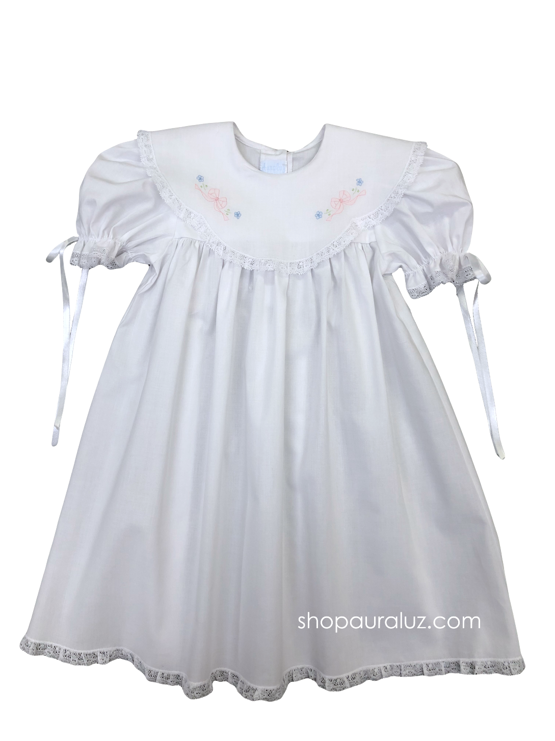 Auraluz Dress...White with white lace,scalloped round collar and embroidered bows