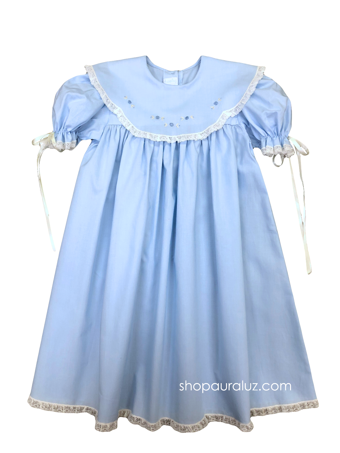 Auraluz Dress..Blue with ecru lace,scalloped round collar and buds embroidery