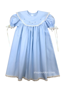 Auraluz Dress..Blue with ecru lace,scalloped round collar and buds embroidery