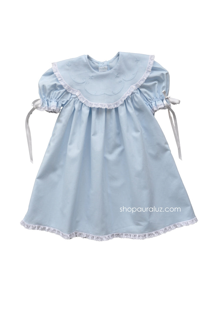 Auraluz Dress..Blue with white lace,scalloped round collar and embroidery