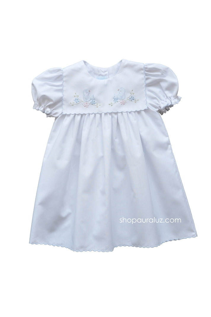 Auraluz Dress...White with square collar,blue scallop trim and embroidered birds