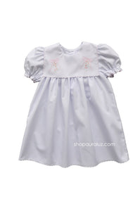 Auraluz Dress...White with square collar,pink scallop trim and embroidered bows