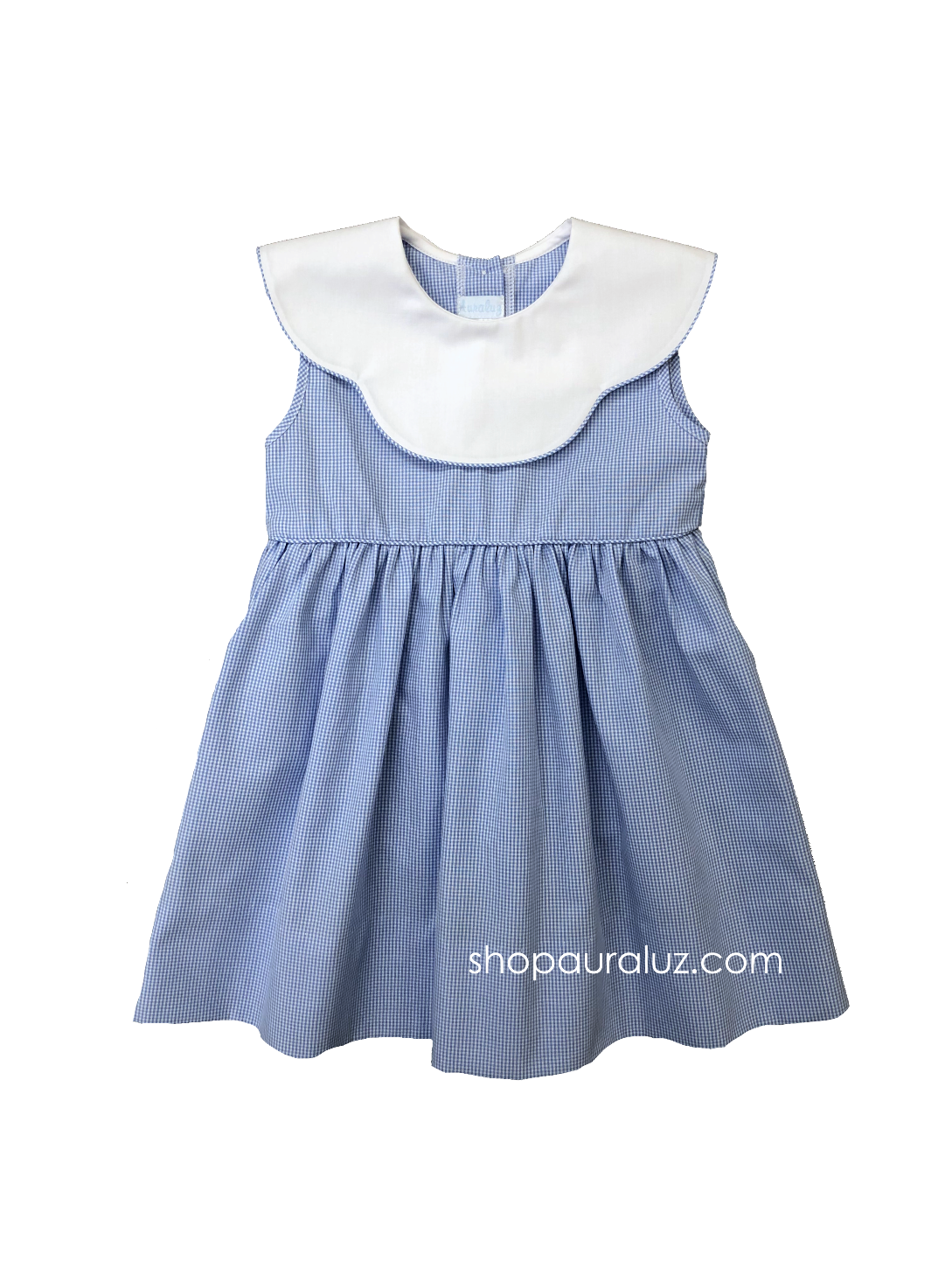 Auraluz Sleeveless Dress..Blue micro check w/binding and white scalloped collar