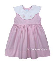 Auraluz Sleeveless Dress..Pink micro check w/binding, scalloped collar and embroidered birds