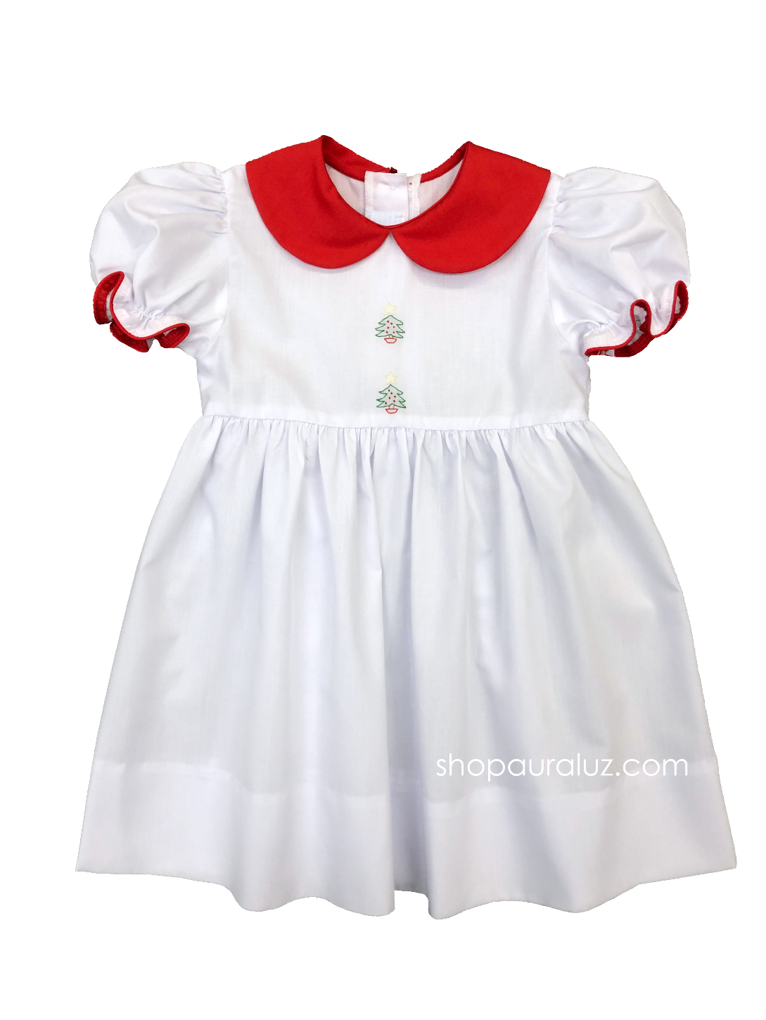 Auraluz Christmas Dress. White with red p.p. collar and embroidered trees