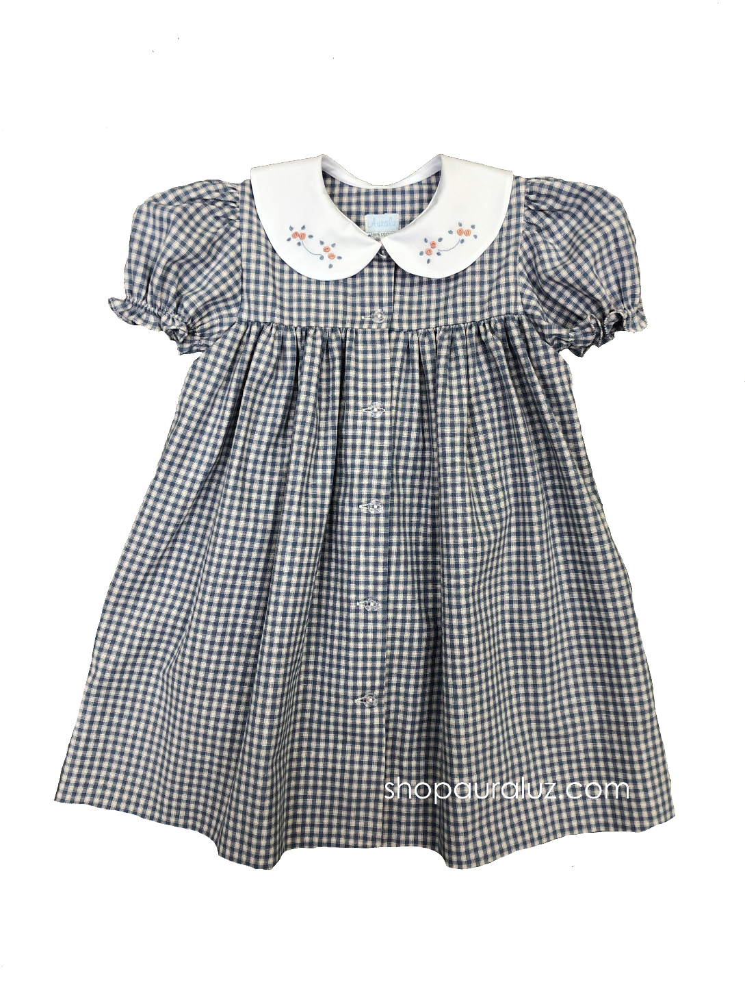 Auraluz Dress...Plaid with white p.p.collar and embroidered flowers