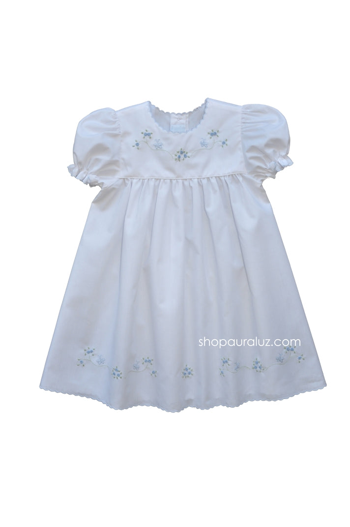 Auraluz Dress. White with blue scallop trim and embroidered butterflies