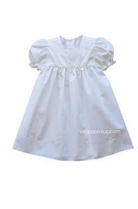 Auraluz Dress...White with pink scallop trim and embroidered bunnies
