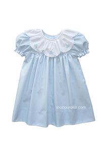 Auraluz Dress...Blue with ruffle collar and embroidered flowers