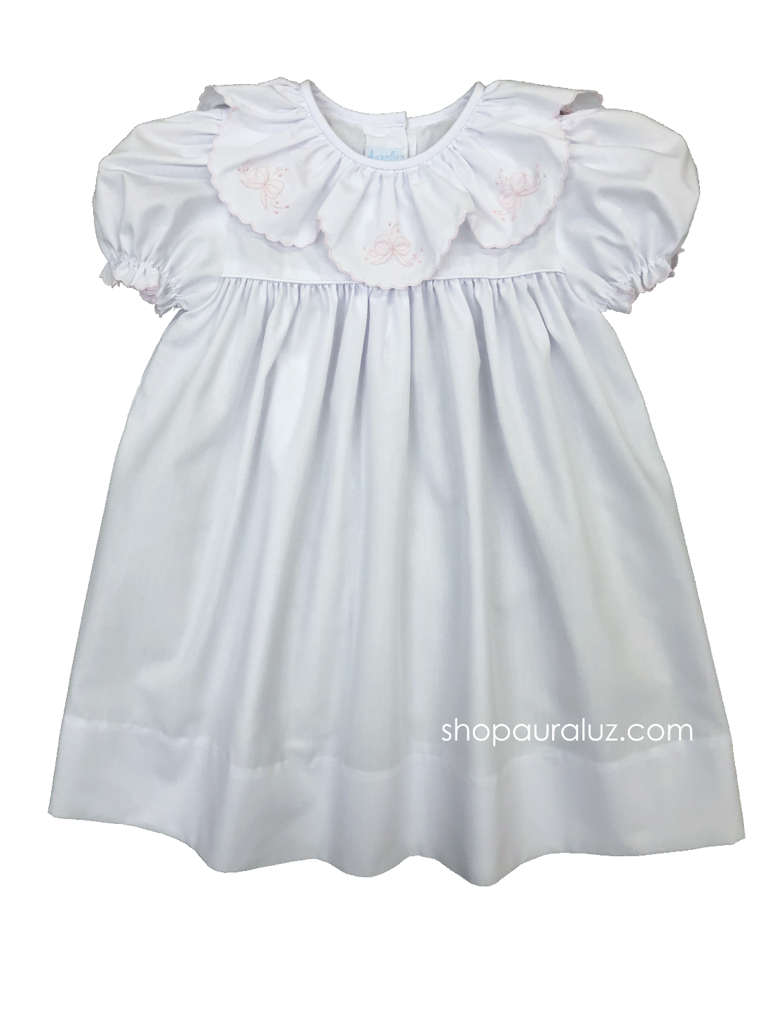 Auraluz DressWhite with ruffle collar, pink scallop trim and embroidered  bows