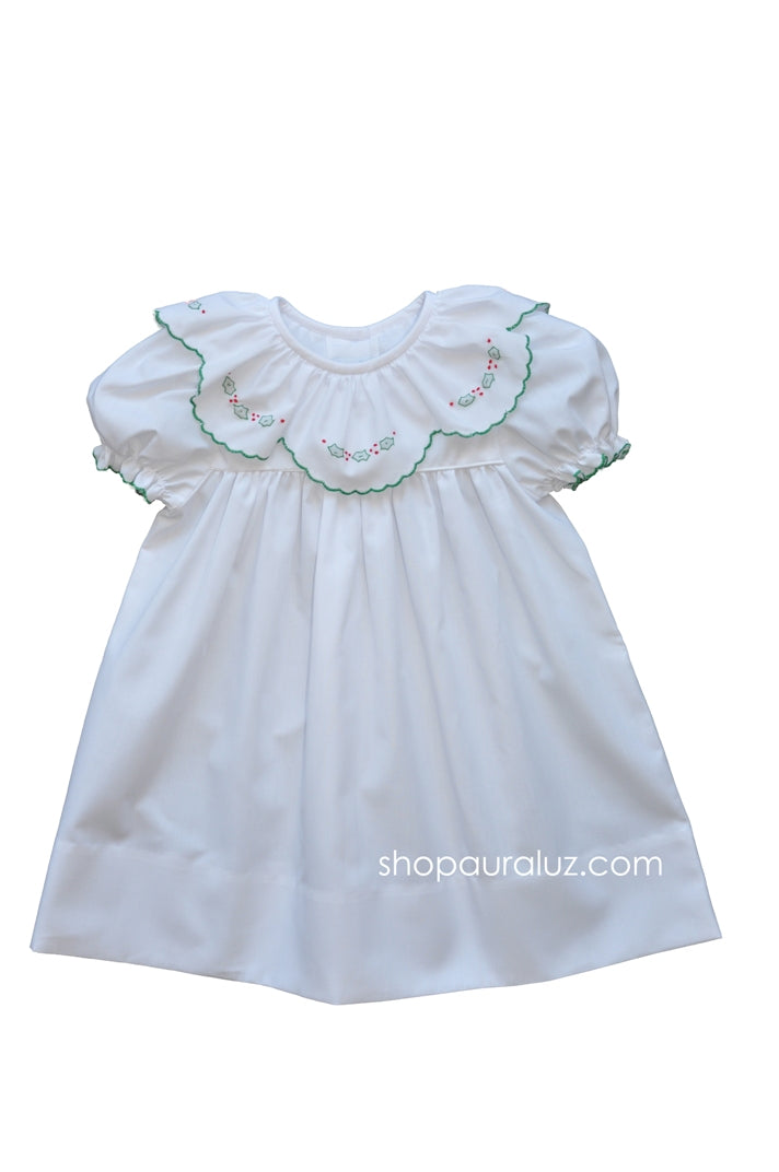 Auraluz Christmas Dress..White with ruffle collar and embroidered holly