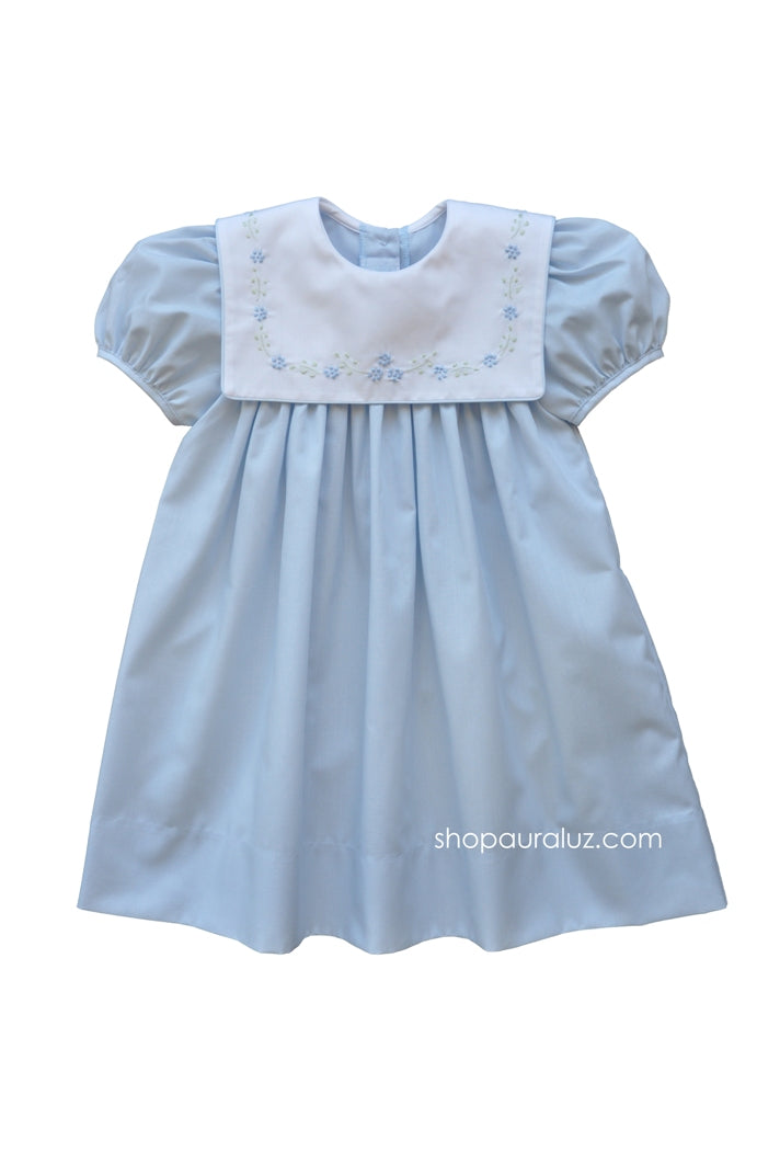 Auraluz Dress..Blue with square collar and embroidered flowers