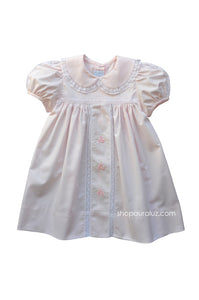 Auraluz Dress..Pink with white lace/inset, p,p,collar and embroidered flowers