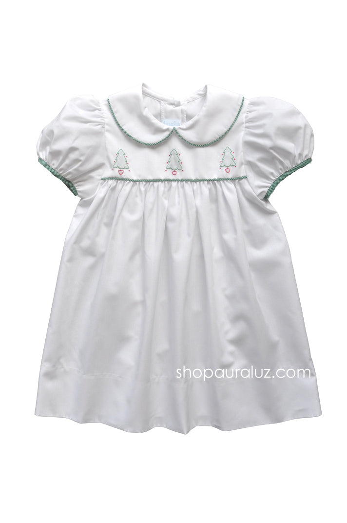 Auraluz Dress..White with green check trim and embroidered Christmas trees