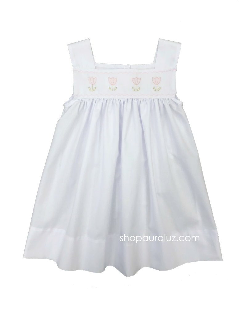 Auraluz Sun Dress..White with pink scallops and embroidered tulips