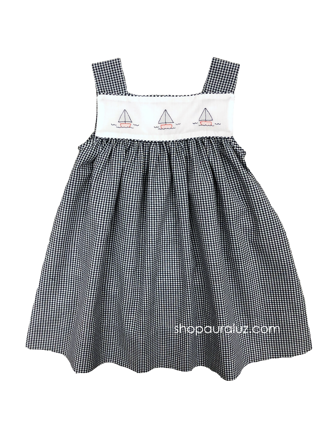 Auraluz Sun Dress..Navy check with embroidered boats