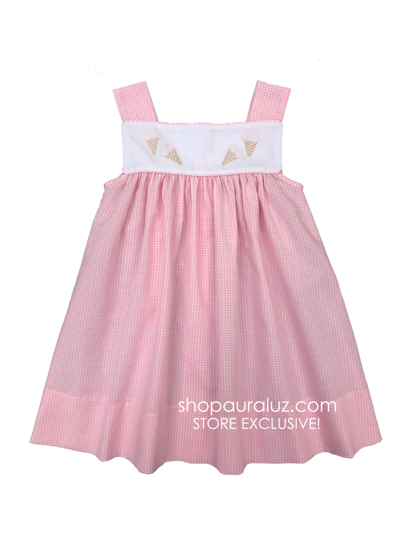 Auraluz Sun Dress..Pink check with embroidered ice cream cones. STORE EXCLUSIVE!