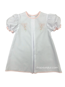 Auraluz Baby Dress. White with pink binding trim and embroidered bows