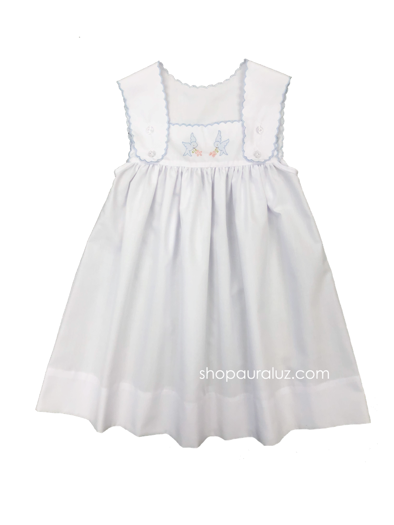 Auraluz Sun Dress..White with blue scallop trim and embroidered birds