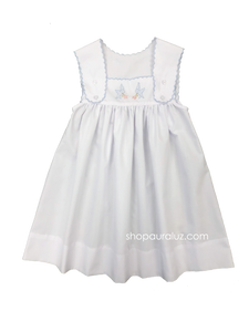 Auraluz Sun Dress..White with blue scallop trim and embroidered birds