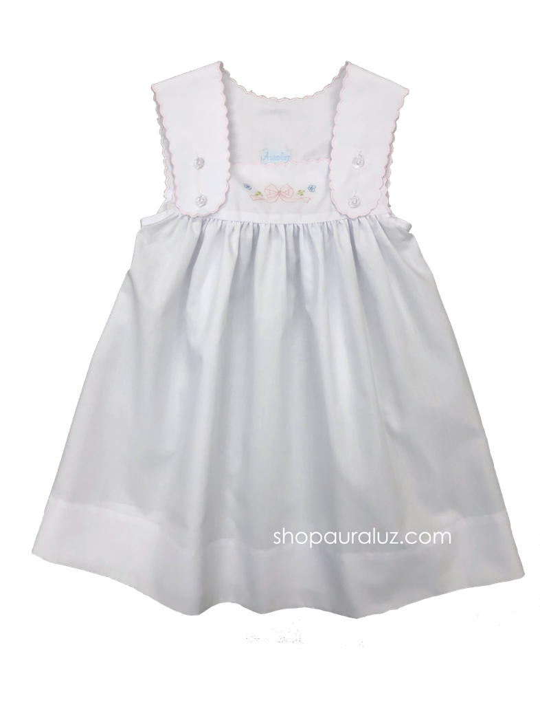 Auraluz Sun Dress..White with pink scallop trim and embroidered bow