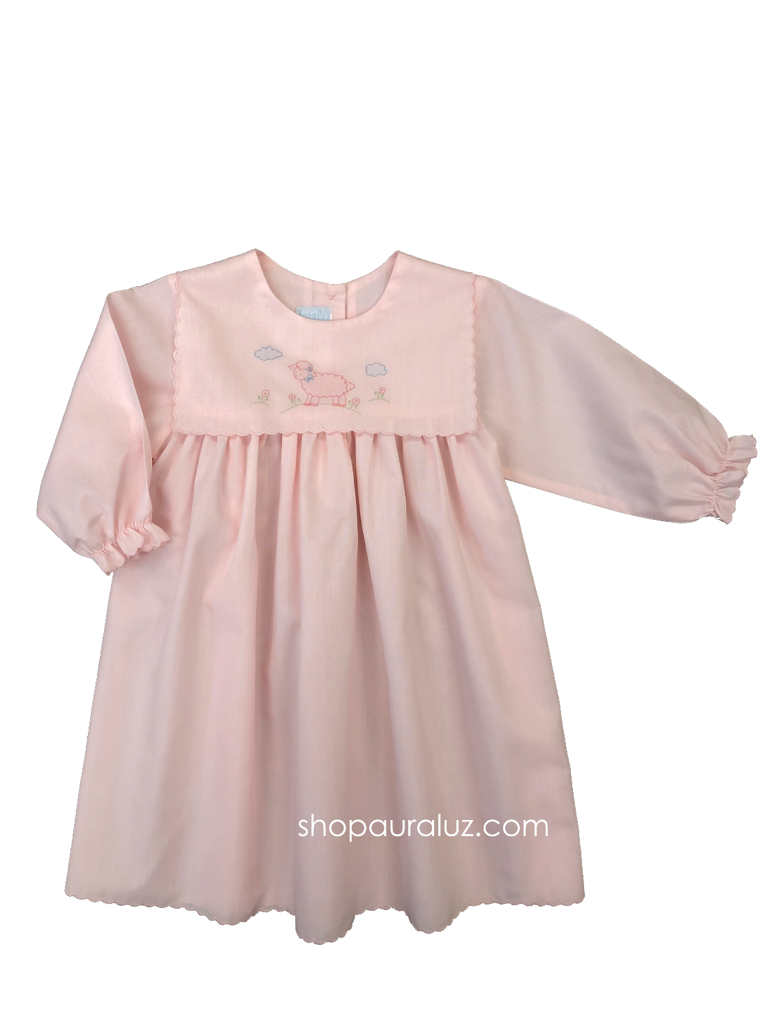 Auraluz Dress, l/s...Pink with square collar,scallop trim and embroidered lamb