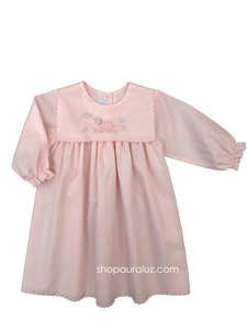 Auraluz Dress, l/s...Pink with square collar,scallop trim and embroidered lamb