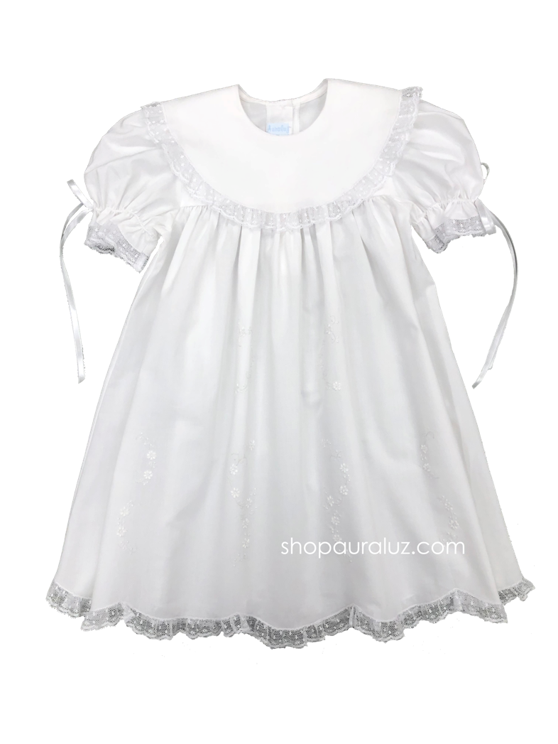 Auraluz Dress..White with white lace/ribbon, round collar and embroidered flowers