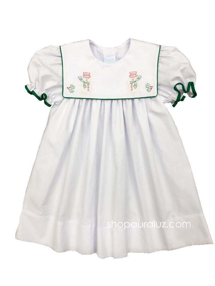 Auraluz Christmas Dress...White with green binding trim and embroidered snowmen