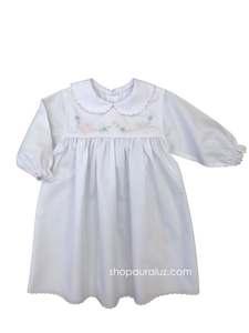 Auraluz Dress, l/s...White with p.p. collar, pink scallop trim and embroidered bow