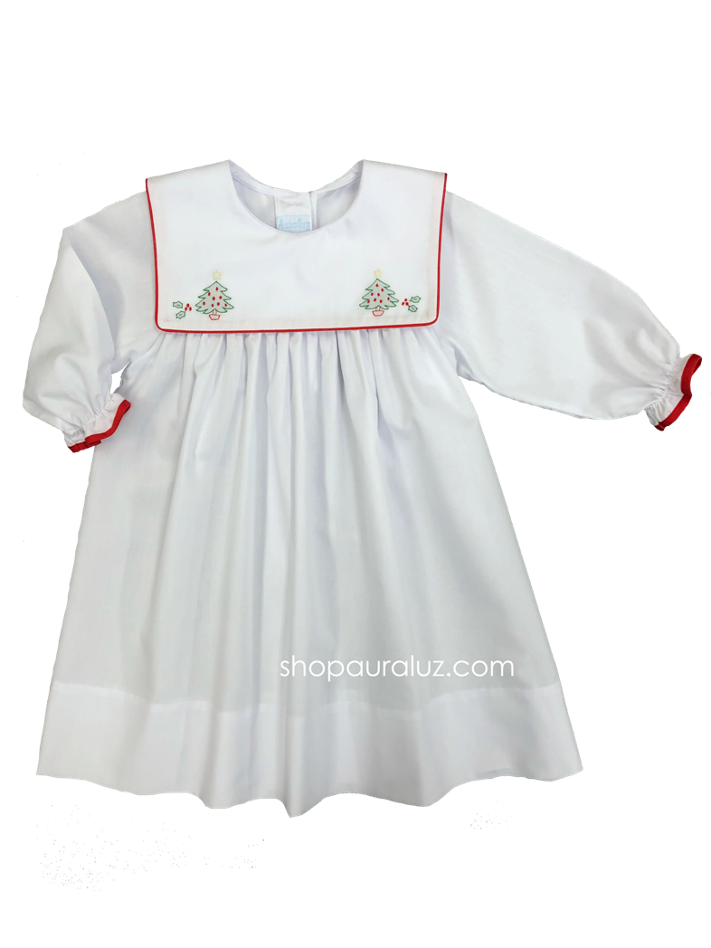 Auraluz Christmas Dress l/s...White with red binding trim and embroidered trees