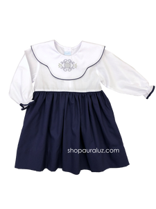 Auraluz Dress, l/s...Navy w/binding, white scalloped collar and embroidered floral