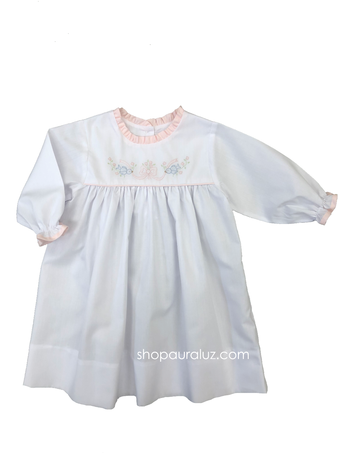 Auraluz Girl Dress, l/s...White with pink ruffle trim embroidered doves with ribbon