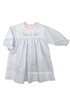 Auraluz Girl Dress, l/s...White with pink ruffle trim embroidered doves with ribbon