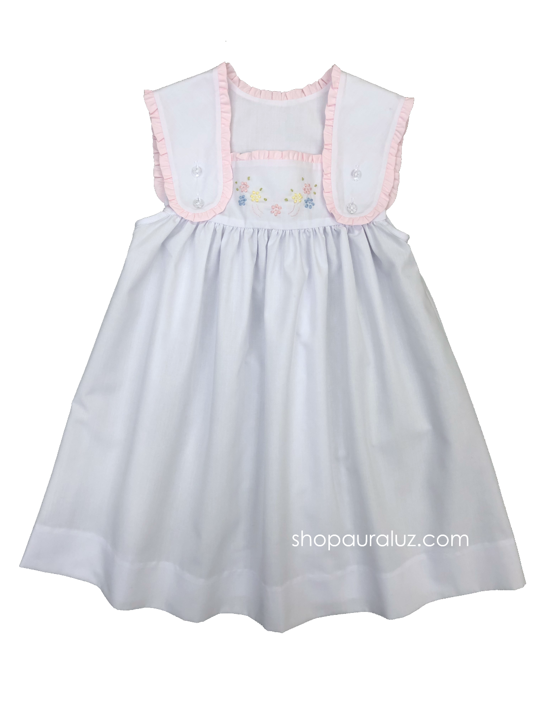 Auraluz Sun Dress..White with pink ruffle trim and embroidered flowers