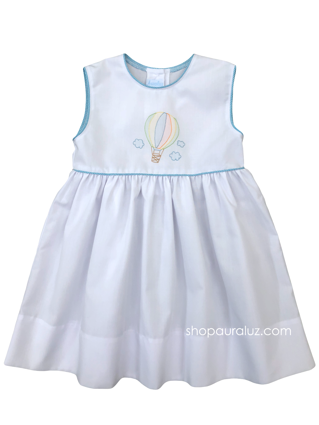 Auraluz Sleeveless Dress...White with aqua check trim and embroidered hot air balloon