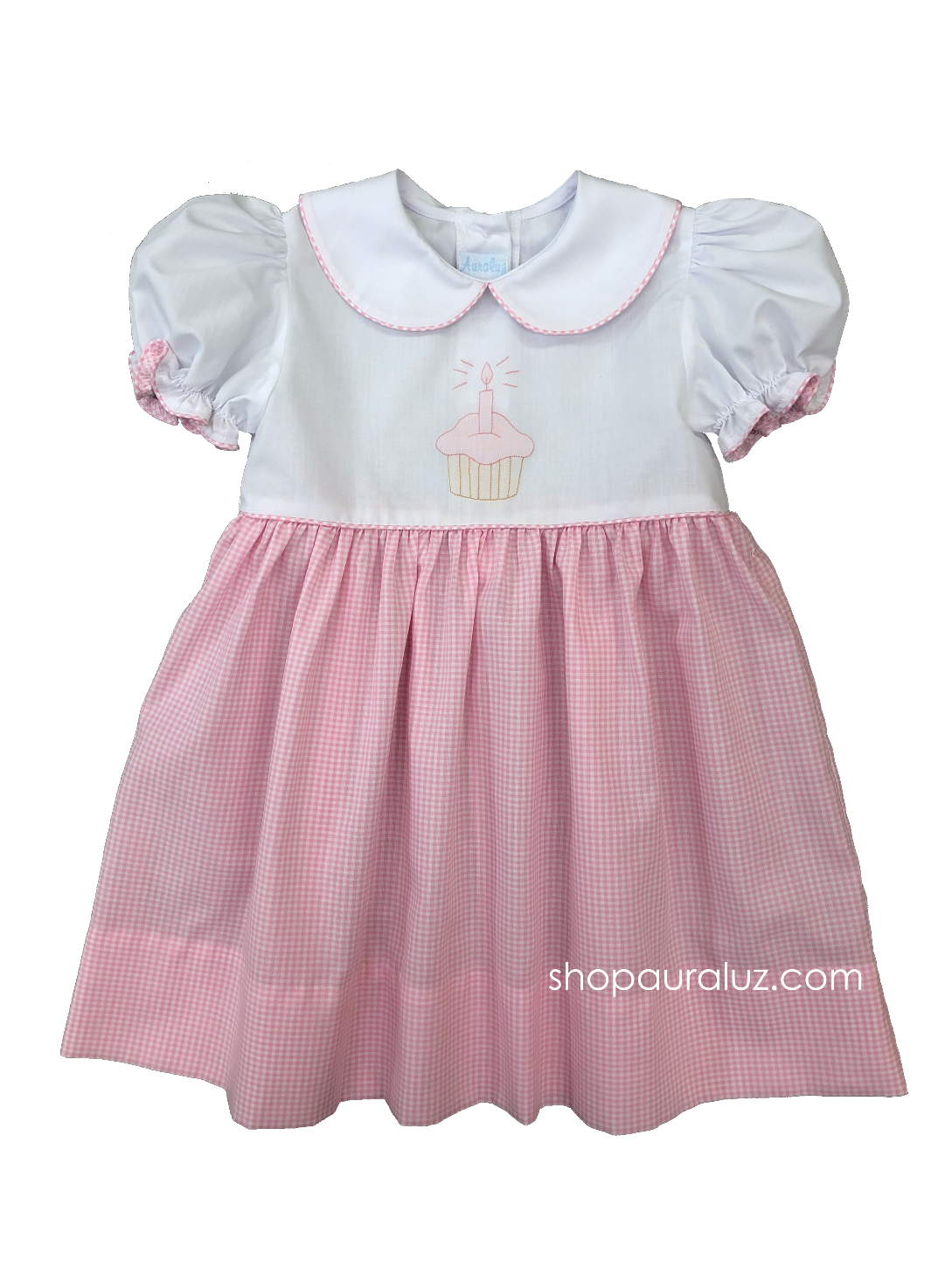 Auraluz Girl Dress...White/pink check with p.p. collar and embroidered cupcake. STORE EXCLUSIVE!