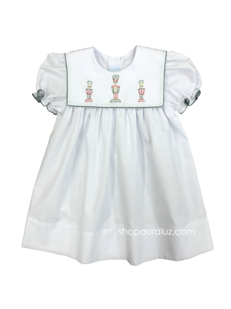 Auraluz Christmas Dress...White with square collar, green check binding trim and embroidered toy soldiers