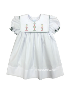 Auraluz Christmas Dress...White with square collar, green check binding trim and embroidered toy soldiers