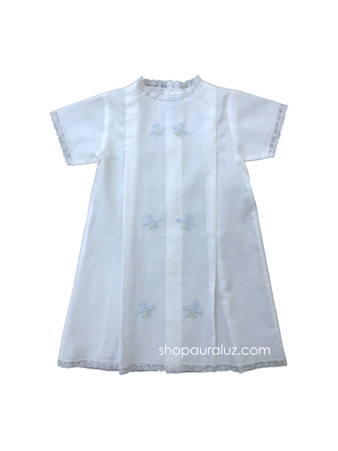 Auraluz Boy Day Gown..White with white lace and embroidered airplanes