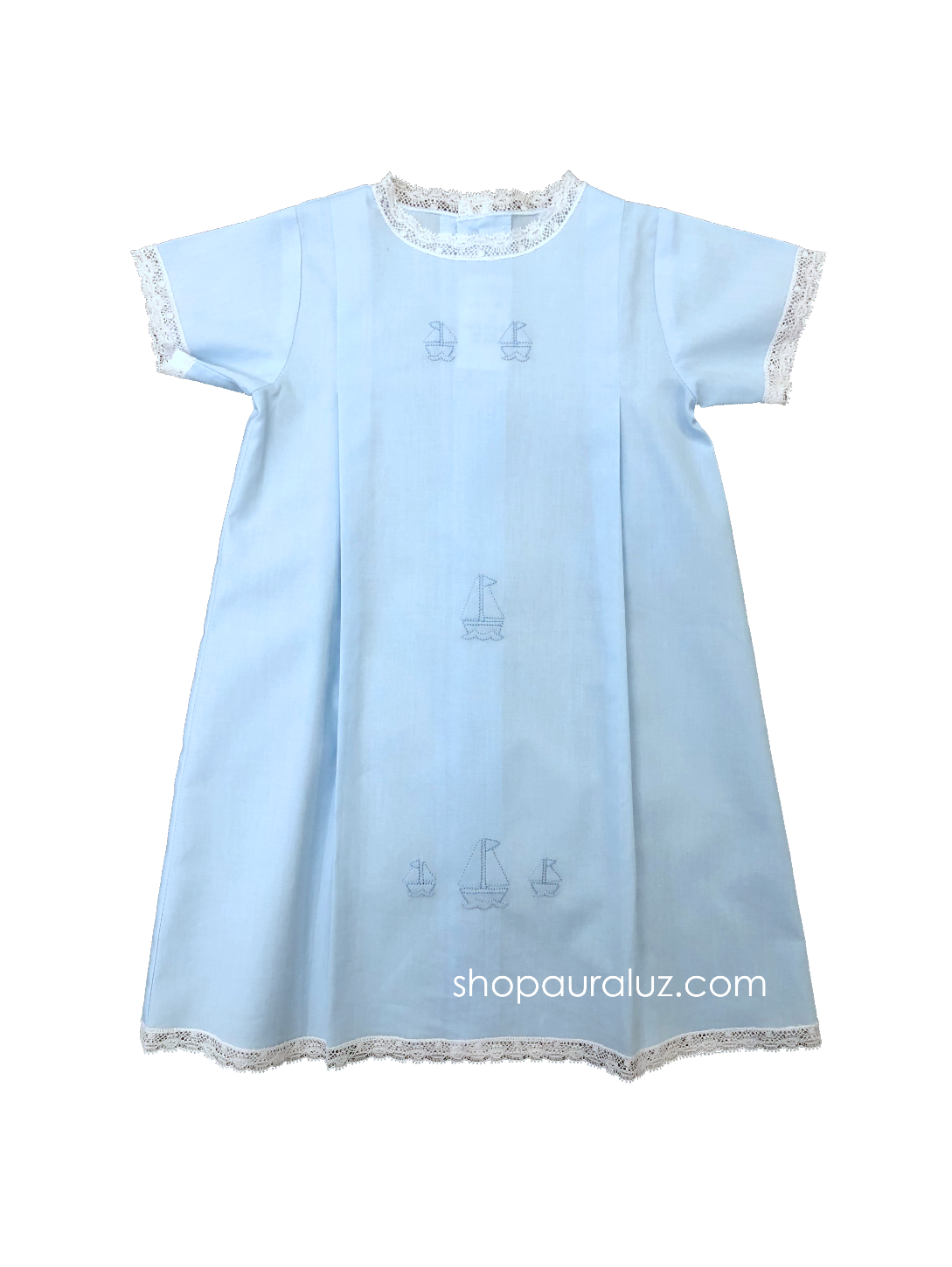 Auraluz Boy Day Gown..Blue with white lace and embroidered sail boats