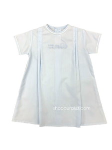 Auraluz Boy Day Gown. Blue with white piping trim and embroidered train
