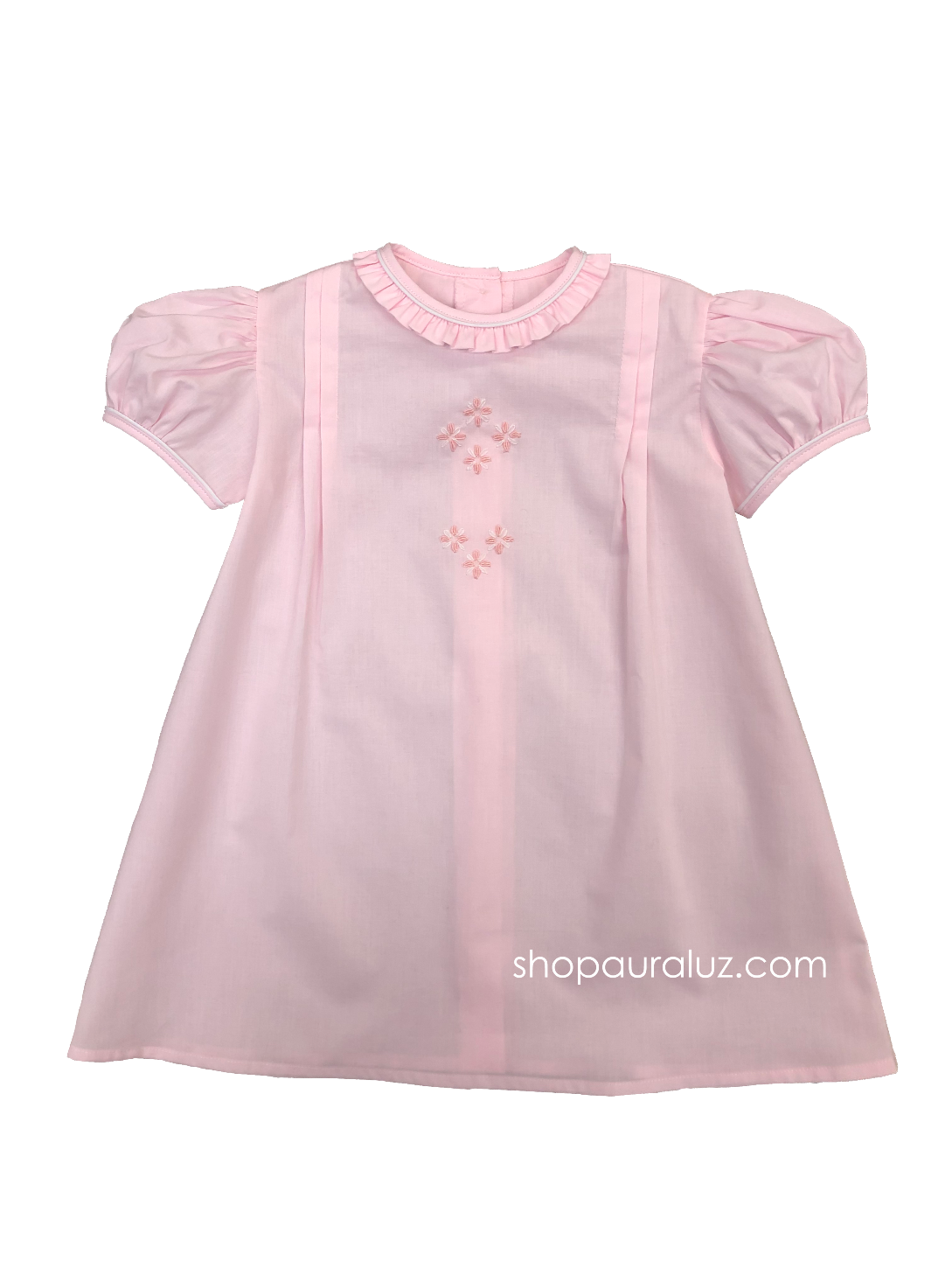 Auraluz Girl Day Gown...Pink with ruffle trim and embroidered buds