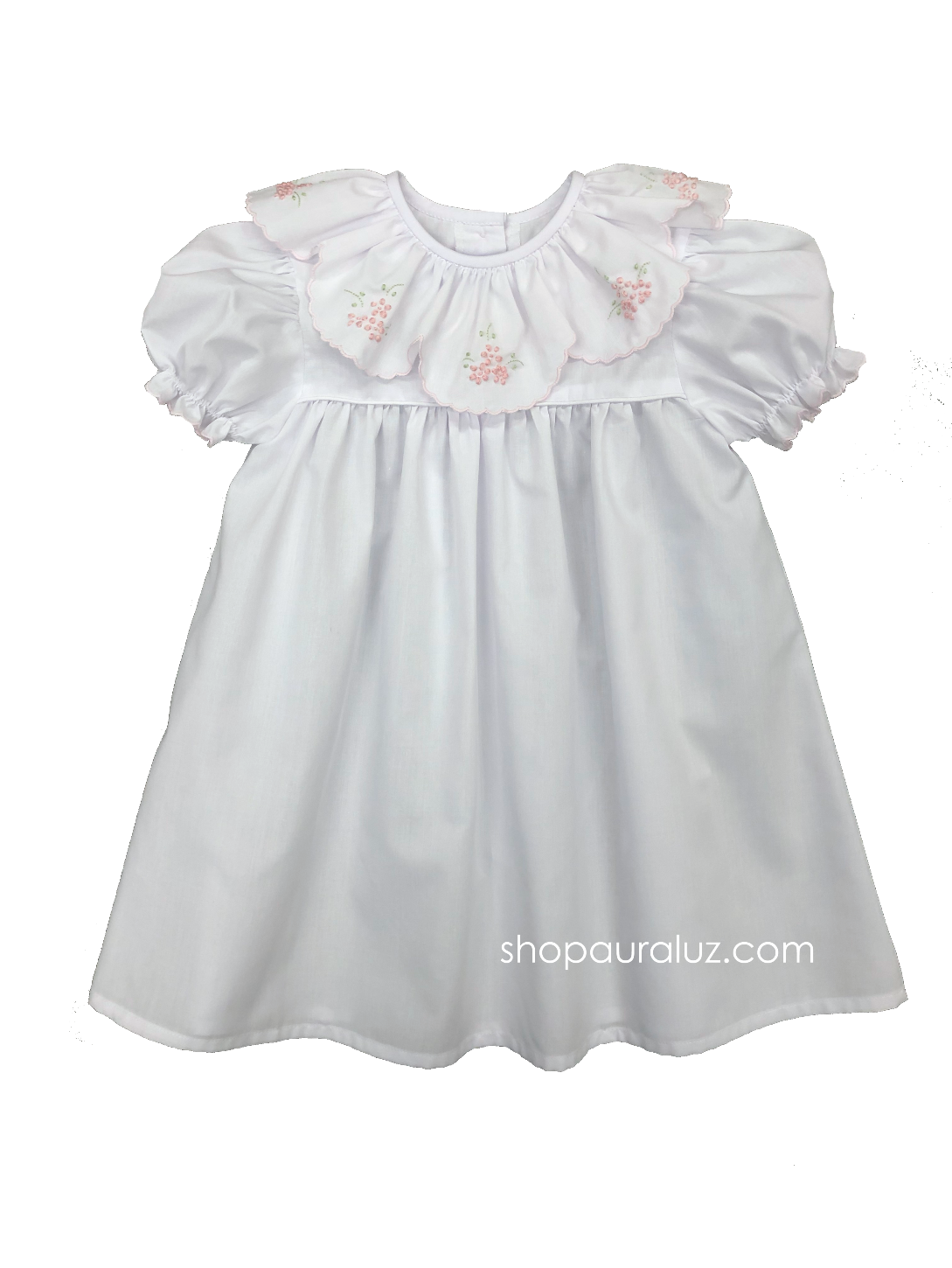 Auraluz Day Gown...White with ruffle collar,pink scallop trim and embroidered flowers